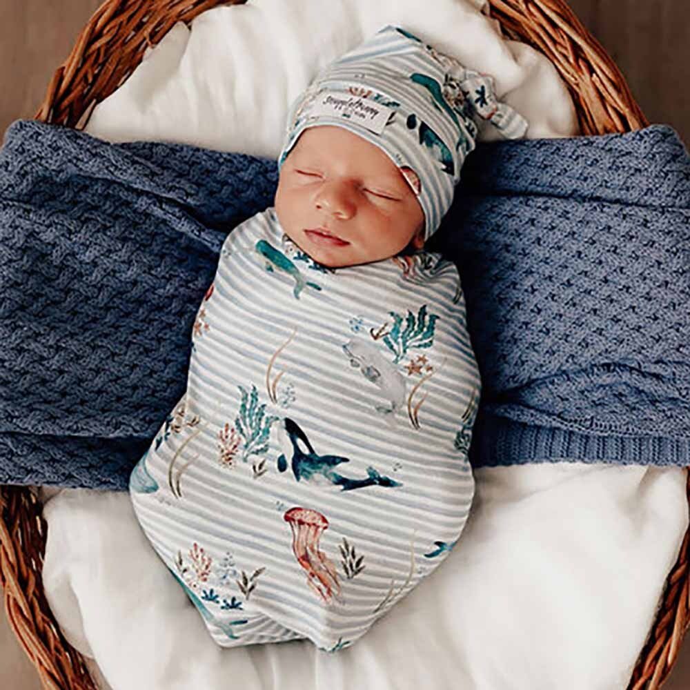 Whale Organic Baby Swaddle & Beanie Set For Boys and Girls Snuggle Hunny