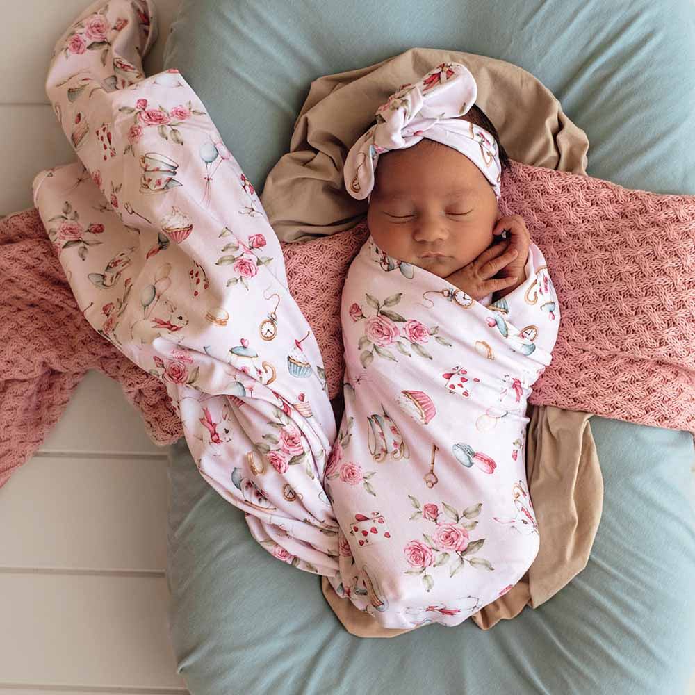 Alice’s Tea Party Organic Jersey Wrap & Topknot Set - View 1
