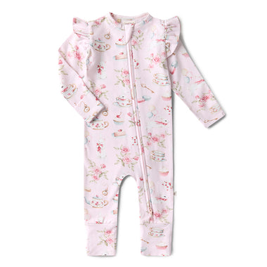Alice’s Tea Party Organic Snugglesuit Convertible Romper with Frill | Snuggle Hunny