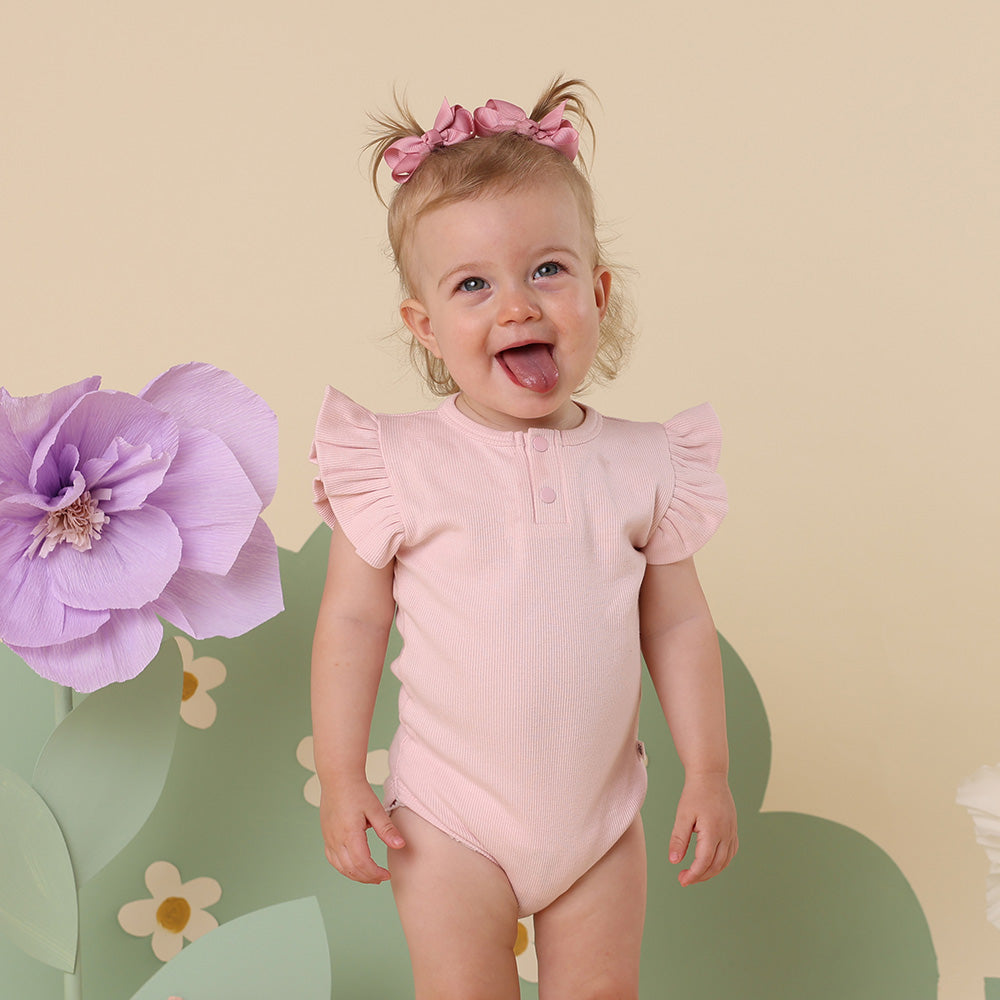 Baby Pink Short Sleeve Organic Bodysuit with Frill - View 3