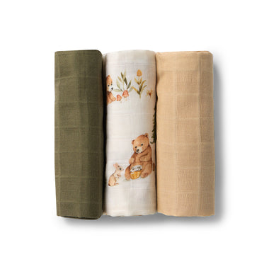 Small Organic Muslin Cloths 3 Pack - Olive/Bears/Pebble | Snuggle Hunny