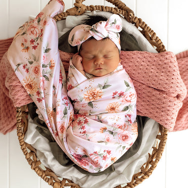 Birds & Blooms Organic Jersey Wrap & Topknot Set | Snuggle Hunny