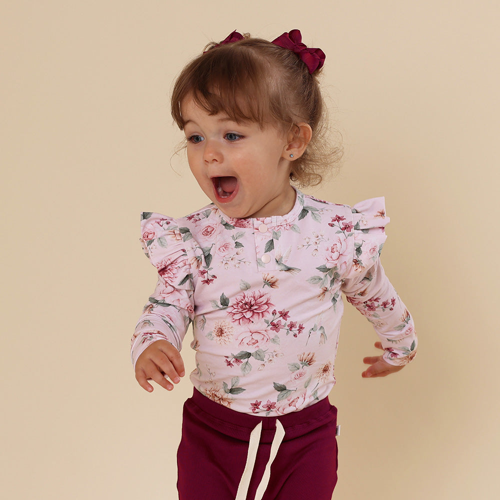 Birds & Blooms Long Sleeve Organic Bodysuit with Frill - View 5