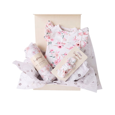 Snuggle Hunny Classic Camille gift hamper in a cream gift box with organic bodysuit, topknot and Camille print muslin wrap