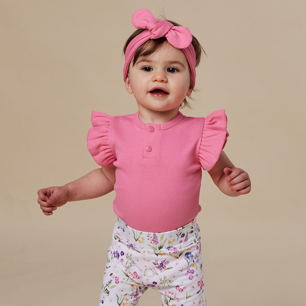 Candy Rib Short Sleeve Organic Bodysuit with Frill - View 1