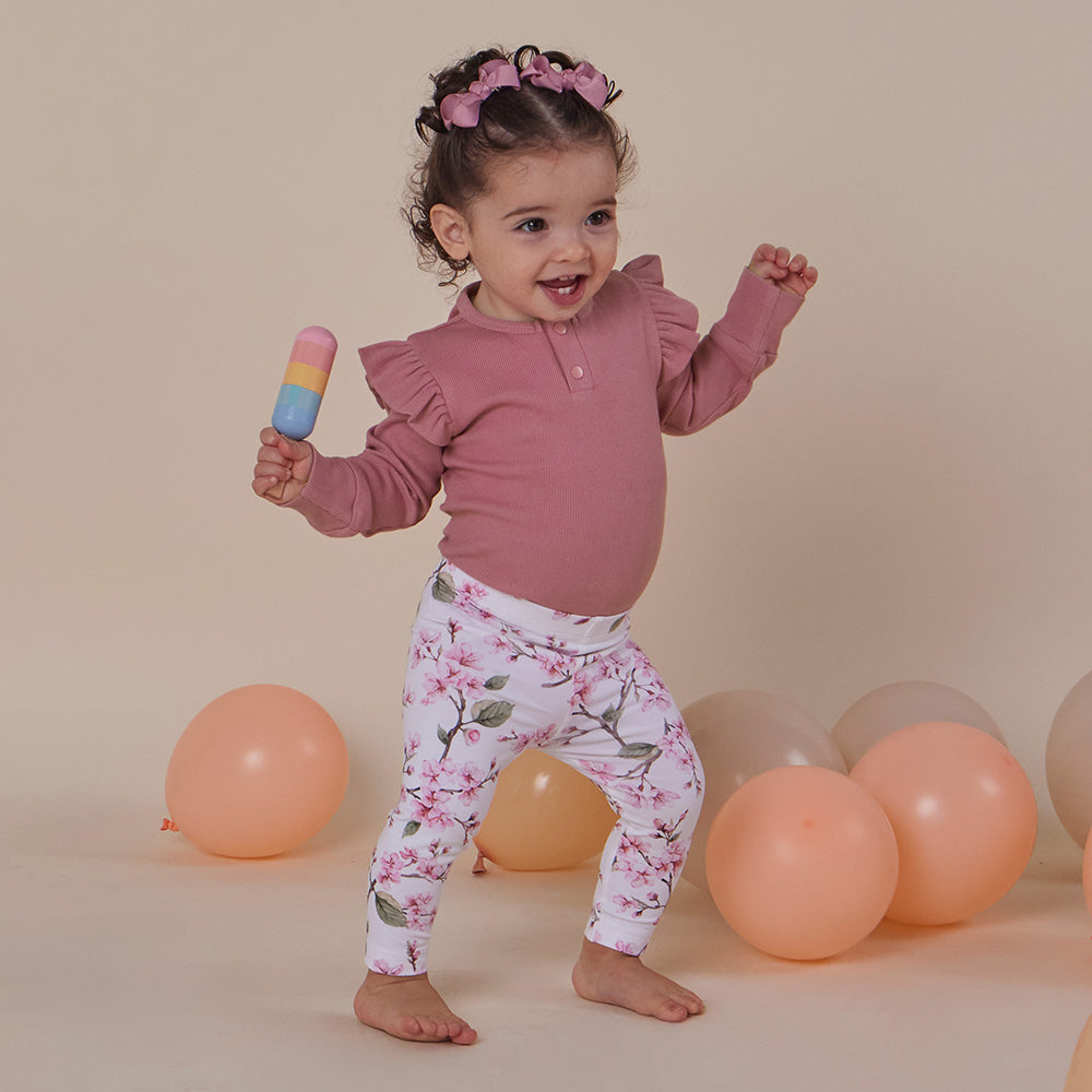 Jewel Pink Rib Long Sleeve Organic Bodysuit with Frill - View 3