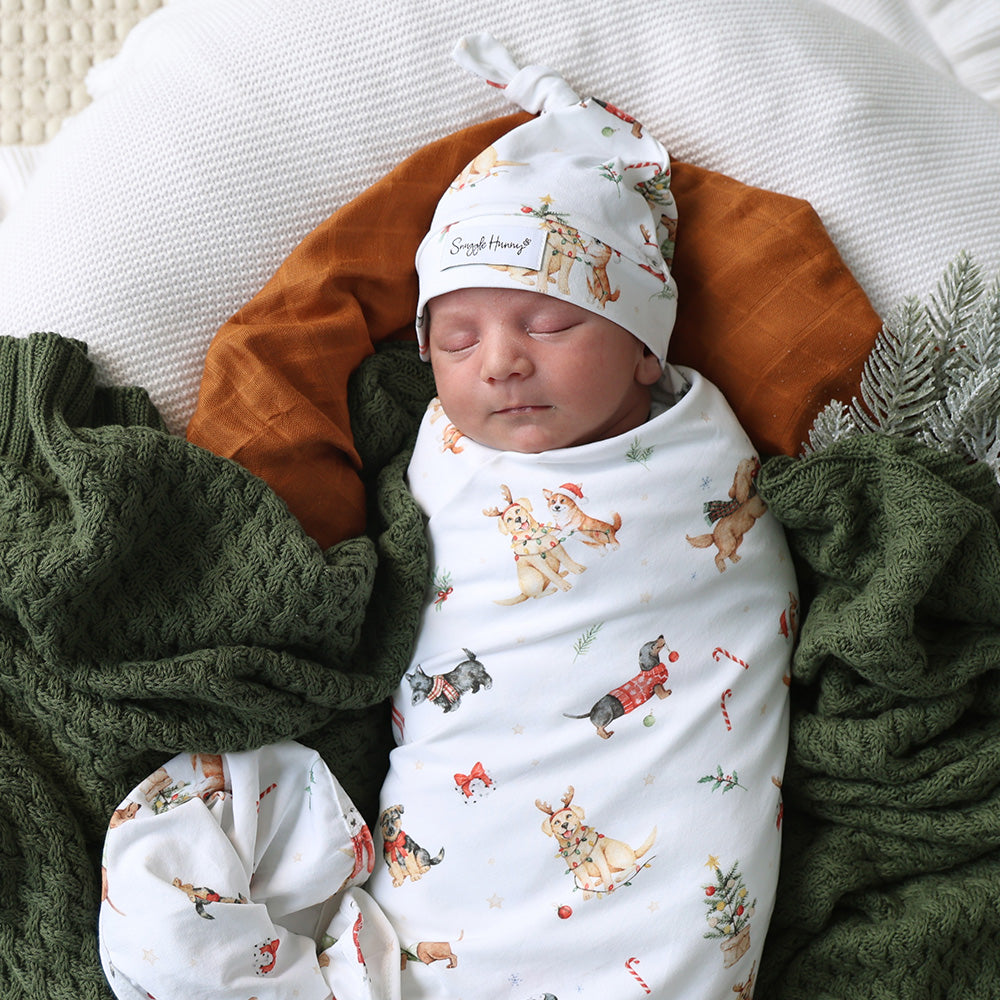 Christmas Pups Organic Jersey Wrap & Beanie Set - View 8
