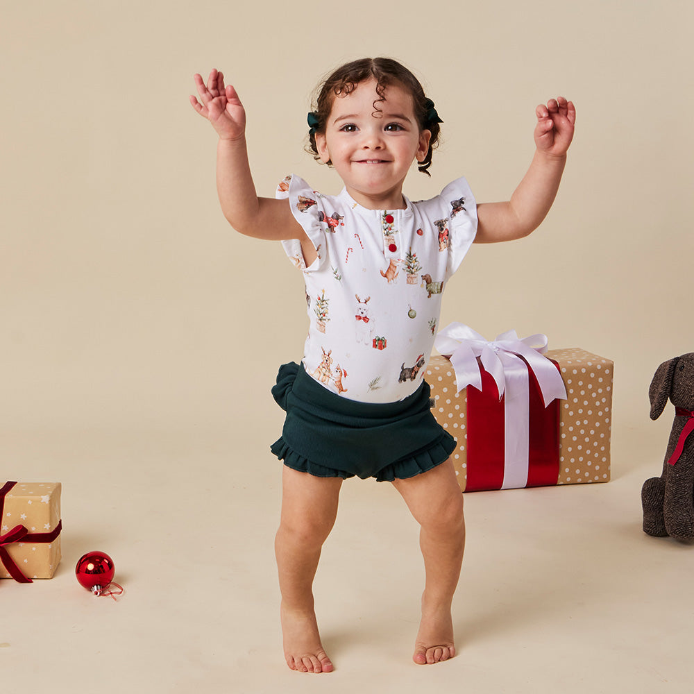 Christmas Pups Short Sleeve Organic Bodysuit with Frill - View 9