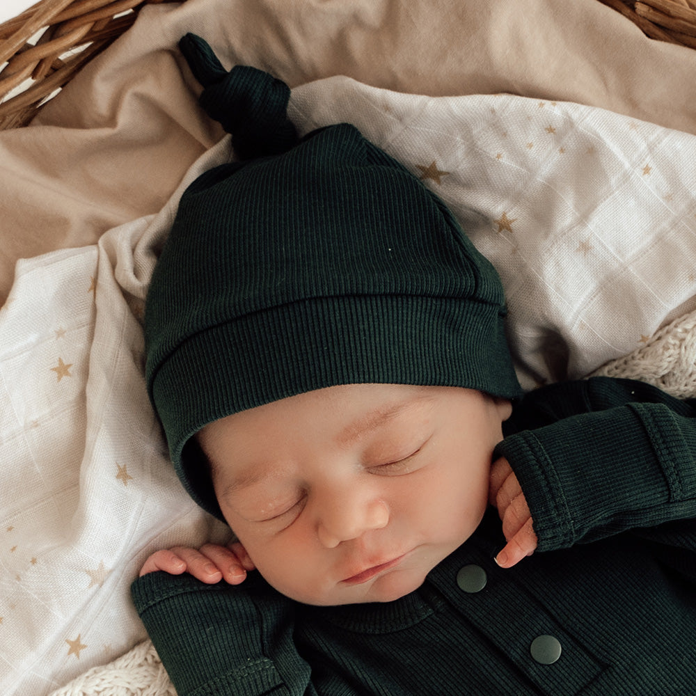 Emerald Ribbed Organic Knotted Beanie - View 1