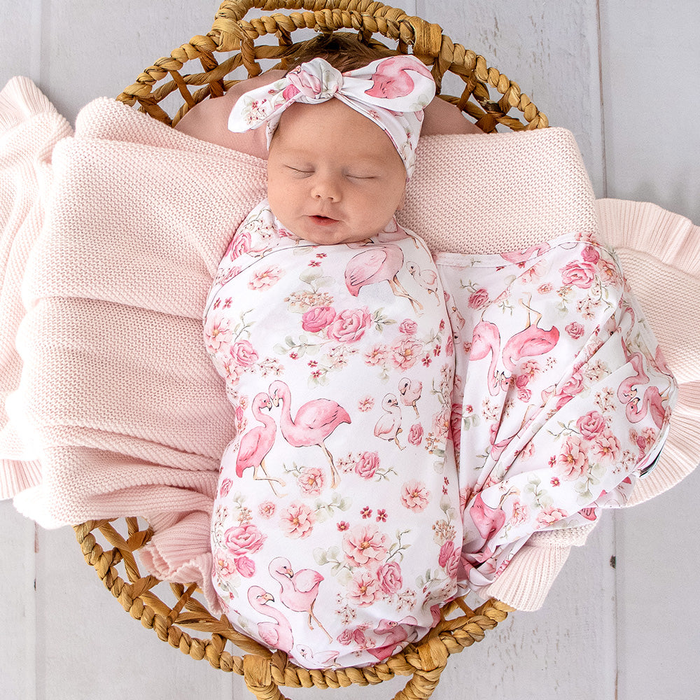 Flamingos Organic Jersey Wrap & Topknot Set - View 3