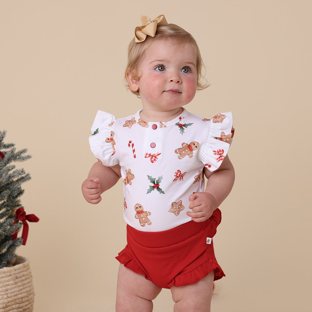 Gingerbread Short Sleeve Organic Bodysuit with Frill - View 1