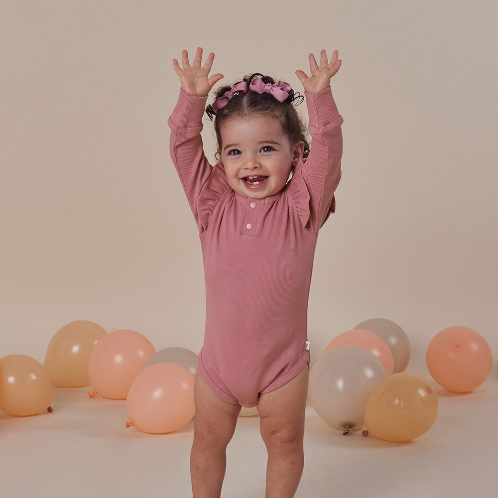 Jewel Pink Rib Long Sleeve Organic Bodysuit with Frill - View 5