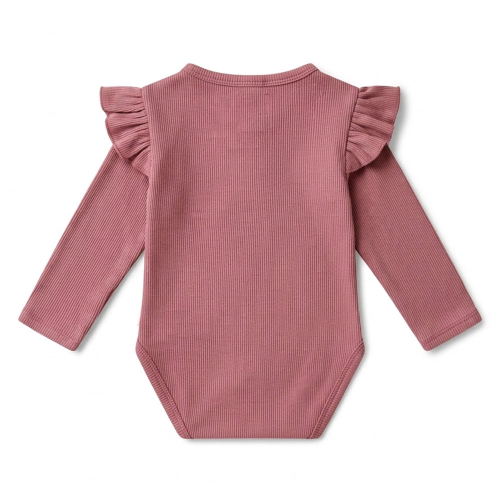 Jewel Pink Rib Long Sleeve Organic Bodysuit with Frill - View 7