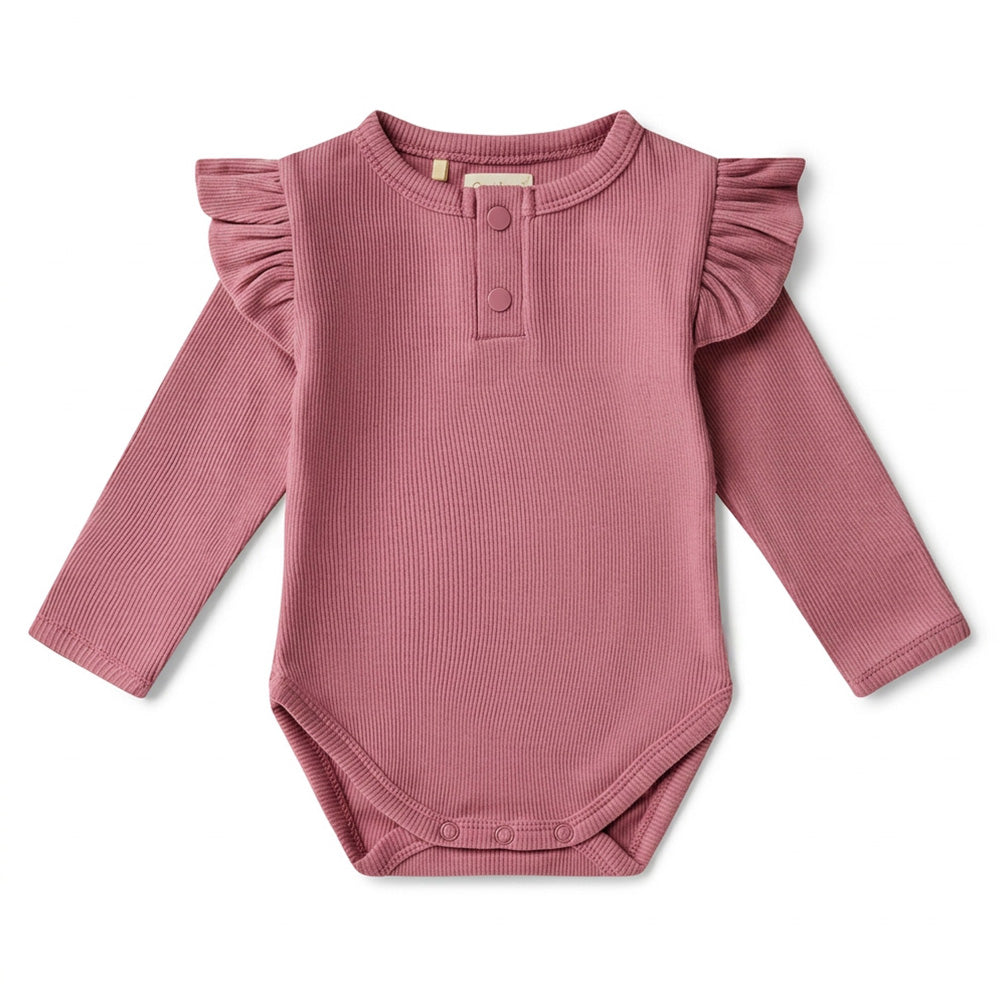 Jewel Pink Rib Long Sleeve Organic Bodysuit with Frill - View 2