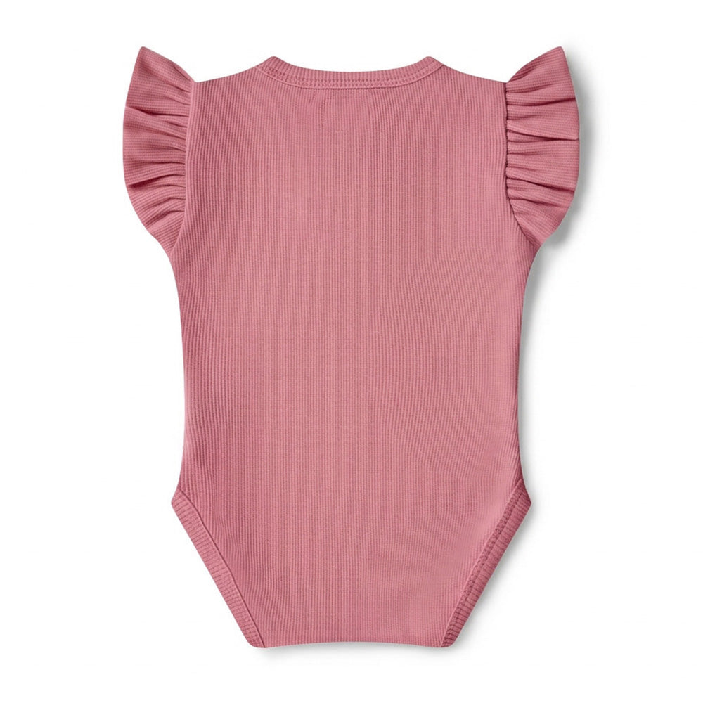 PREORDER: Jewel Pink Rib Short Sleeve Organic Bodysuit with Frill - View 5