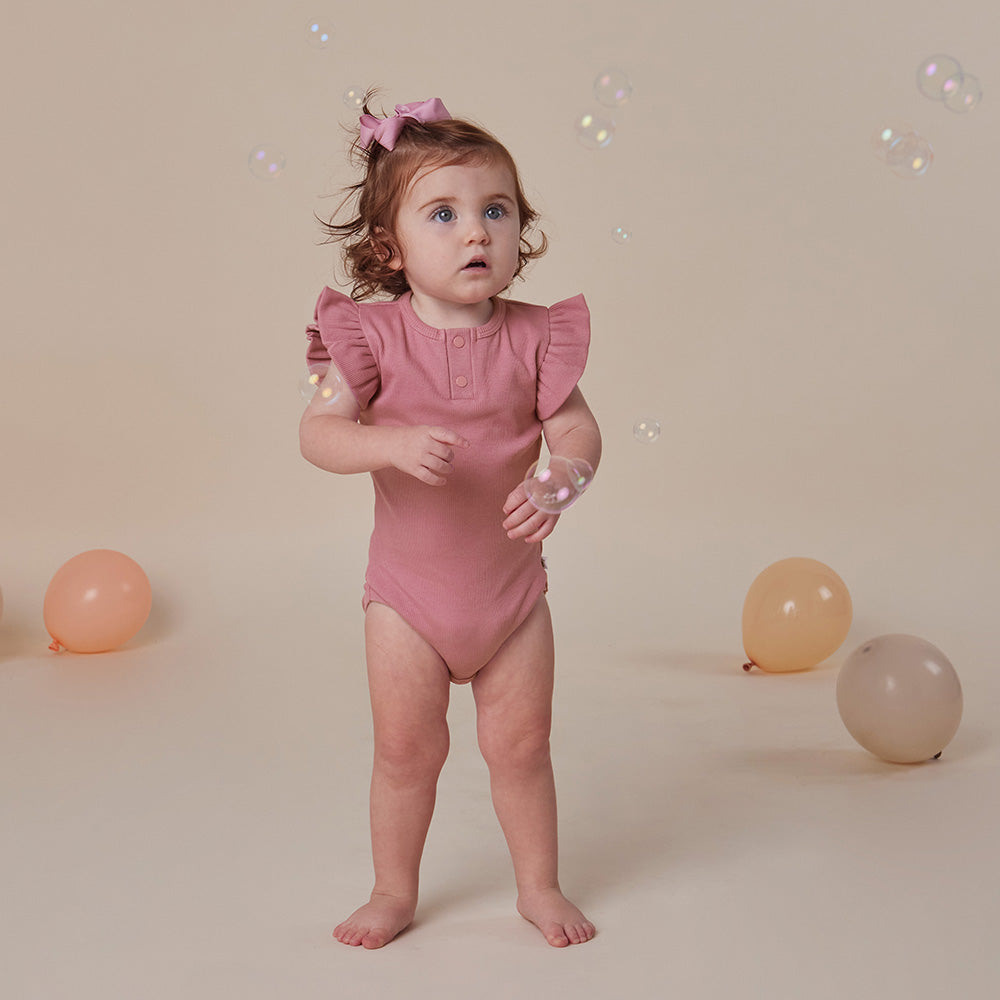PREORDER: Jewel Pink Rib Short Sleeve Organic Bodysuit with Frill - View 4