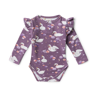Midnight Swan Long Sleeve Organic Bodysuit with Frill | Snuggle Hunny