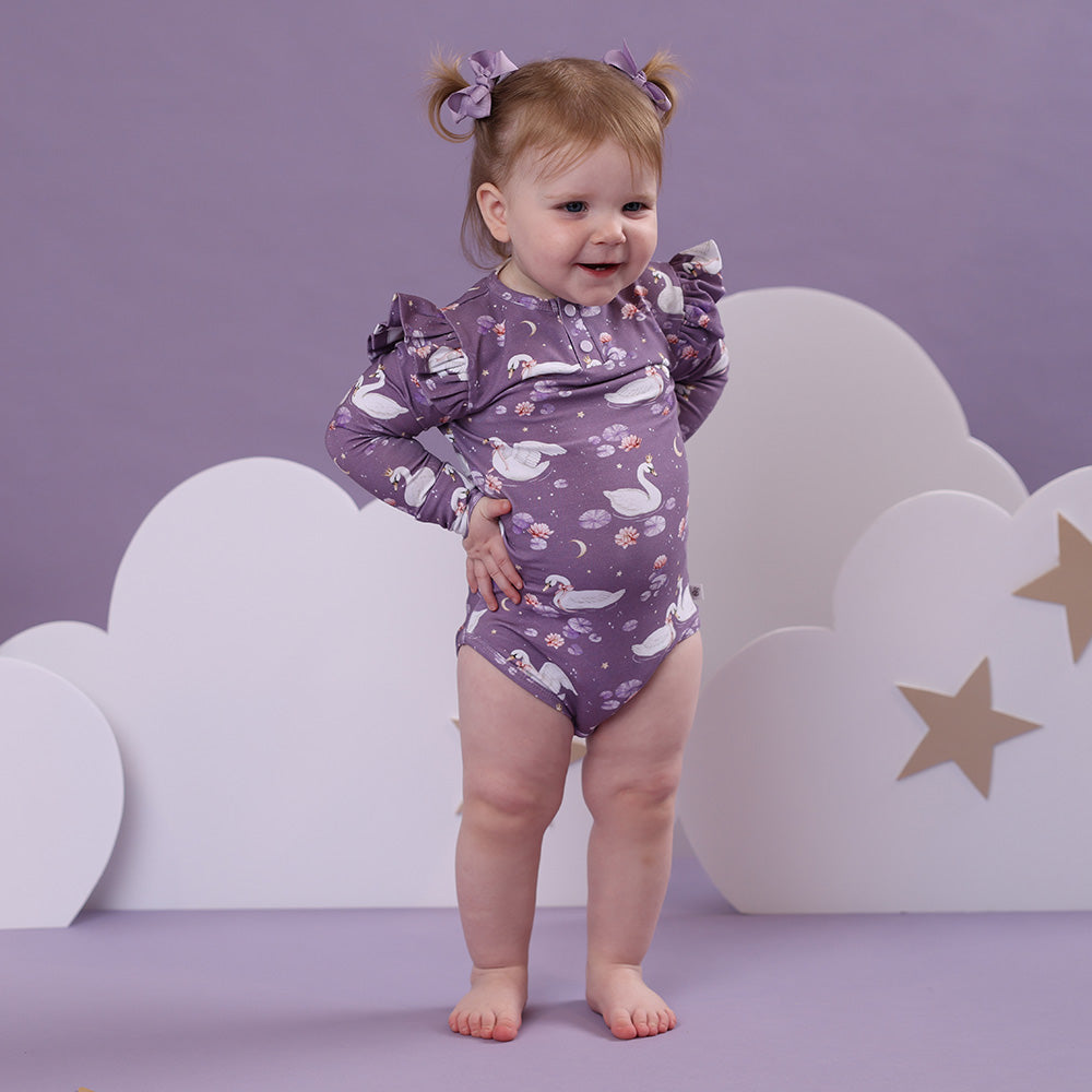 Midnight Swan Long Sleeve Organic Bodysuit with Frill - View 12
