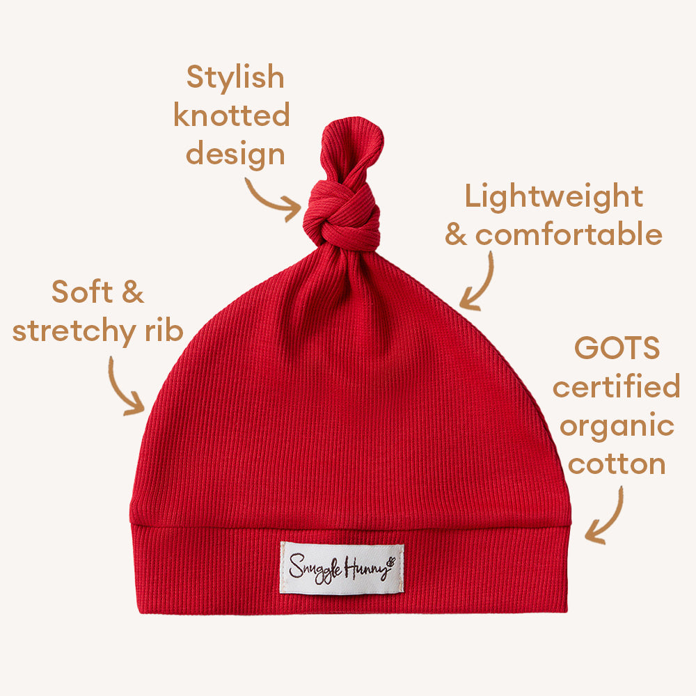 Red Ribbed Organic Knotted Beanie - View 4