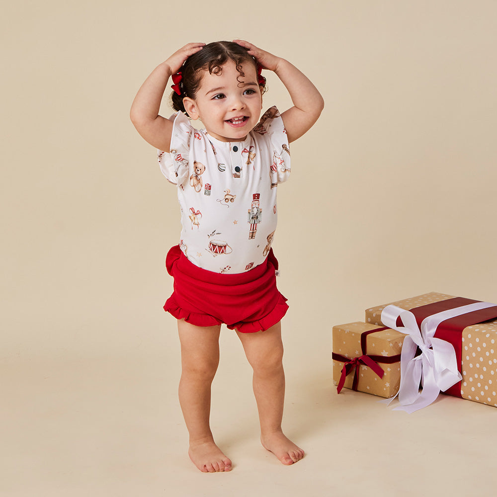Santa's Toy Shop Short Sleeve Organic Bodysuit with Frill - View 9
