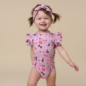 Toddler wearing Blossom Short Sleeve Organic Bodysuit with Frill | Snuggle Hunny