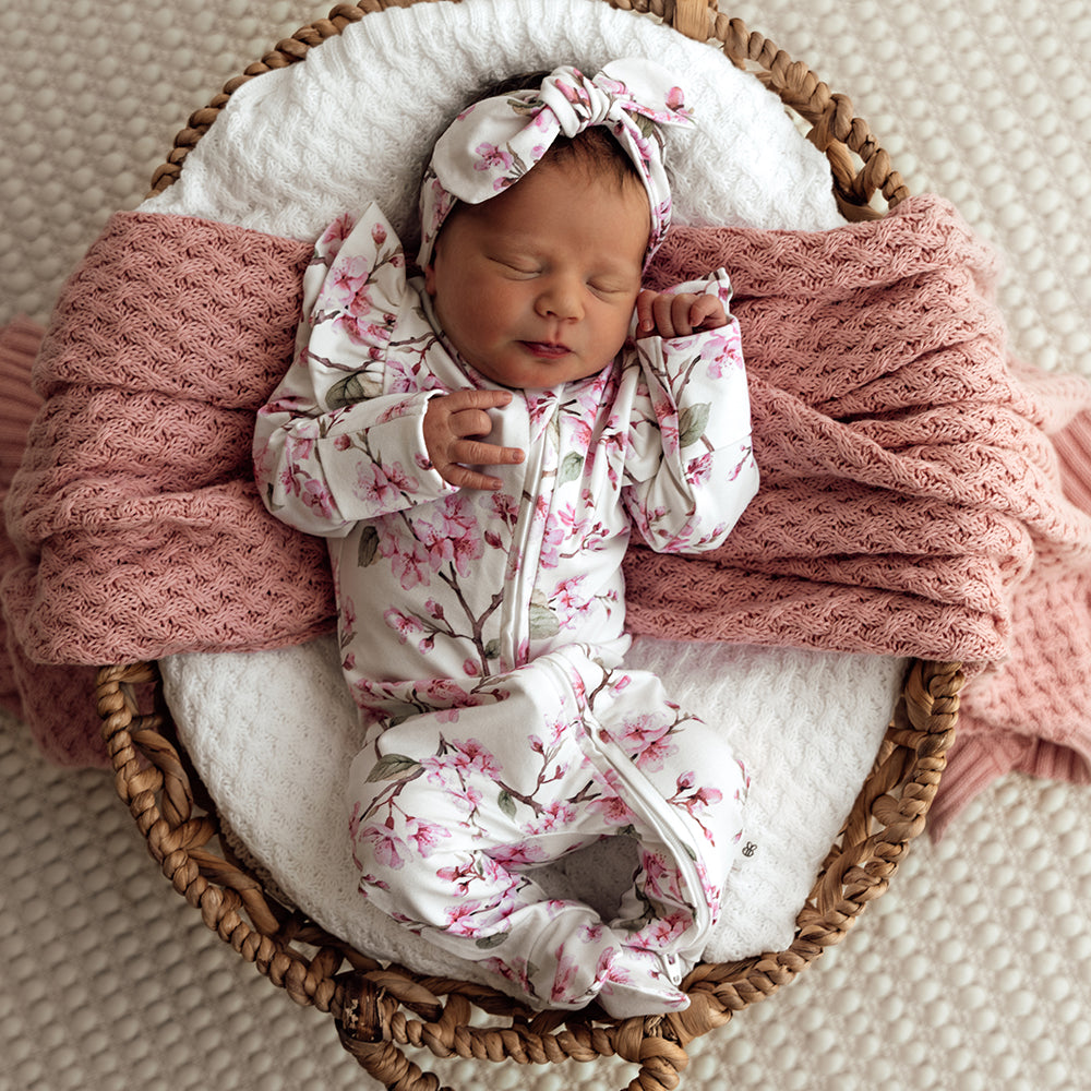 Cherry Blossom Organic Snuggle Sleepsuit Zip Footie with Frill - View 1