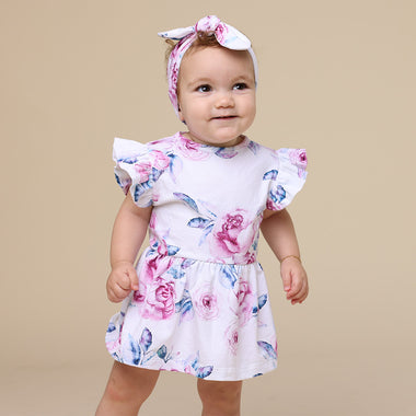 Toddler wearing Lilac Skies Short Sleeve Organic Dress | Snuggle Hunny