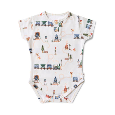 Trains Short Sleeve Organic Bodysuit | Snuggle Hunny