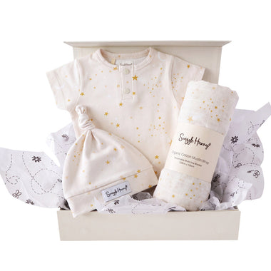 Snuggle Hunny Classic Stardust gift hamper in a cream gift box with organic bodysuit, knotted beanie and print muslin wrap