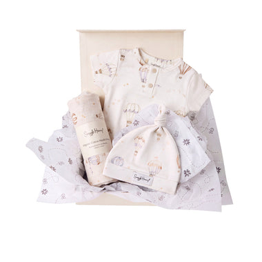 Snuggle Hunny Classic Up & Away gift hamper in a cream gift box with organic bodysuit, knotted beanie and print muslin wrap
